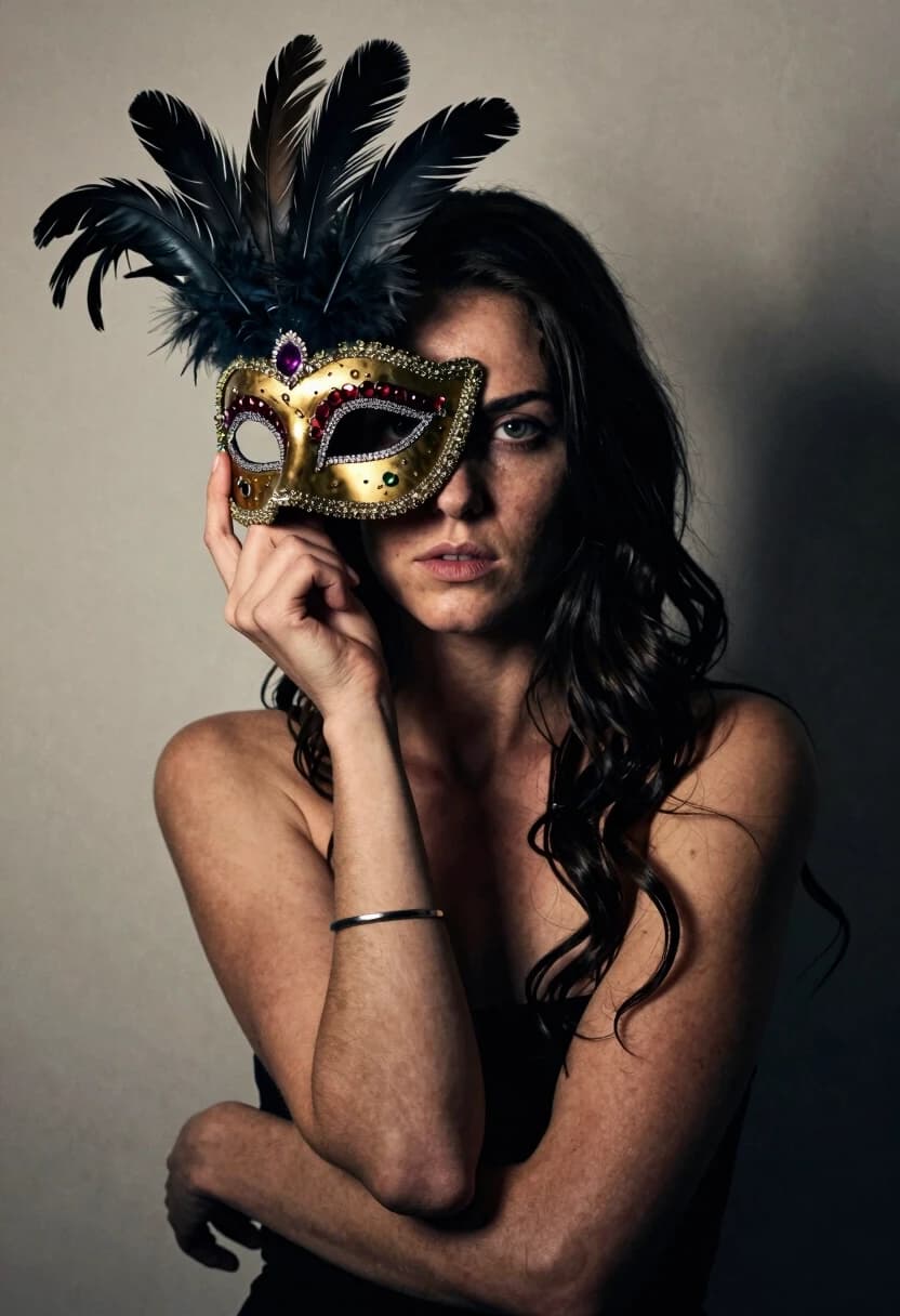 Masterpiece, best quality, ultra detailed, 8k, photorealistic, cinematic lighting, sharp focus.
A full-lenght portrait of 25-year-old white woman with long dark wavy hair, holding an ornate Venetian mask adorned with feathers and precious gemstones that covers half her face. Her visible eye gazes directly at the viewer with intense emotion. She wears a simple metallic bracelet on her wrist. Tight intimate portrait framing, focus on face and upper torso.
Minimalist studio setting, colored. Soft directional lighting creating strong shadows behind her. Neutral controlled environment. High-contrast photography, dramatic chiaroscuro lighting, gritty textured realism. Emphasis on skin and mask details — feathers and gemstones catching light. Moody, introspective, surreal atmosphere. Shallow depth of field, cinematic composition. Artistic style reminiscent of contemporary portrait photography with symbolic, psychological undertones. Rendered with photorealistic precision and grainy film texture.
Correct anatomy. Two arms, two hands. No extra limbs. Natural proportions. 
8k, photorealistic, fine grain, no plastic look,
Camera: Medium format, 85mm, f/2.8, ISO: 100