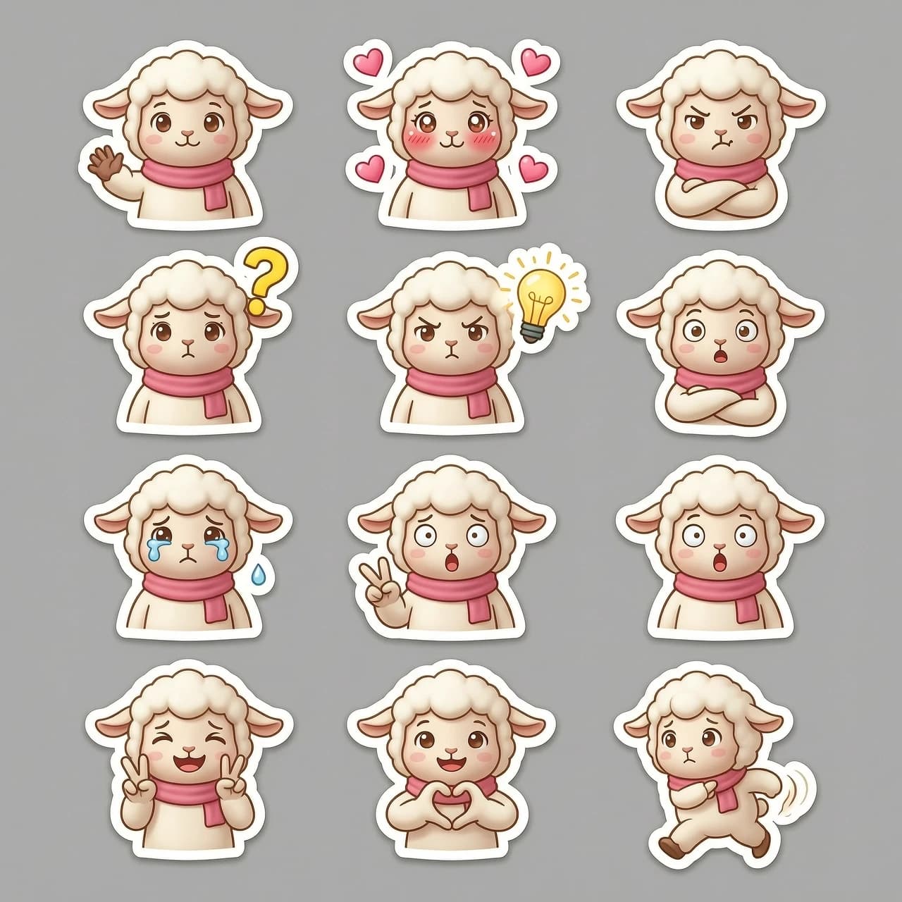 Sticker pack sheet of a cute lamb character, 3D cartoon style, high-quality render, C4D, Octane Render. The character has a rose scarf. The set includes multiple individual stickers with a consistent character design, each featuring a thin white die-cut border, isolated on a plain neutral grey background. 

The sticker set includes the following diverse expressions and poses, where facial emotions perfectly match the gestures:
1. to wave one's hand. 
3. Love-struck with blushing cheeks, sparkling eyes, and floating pink hearts around her.
4. Angry with furrowed brows, a pout, and crossed arms.
5. Confused with a tilted head and a bright yellow question mark above his head.
6. Inspired with a "Eureka!" moment, eyes wide, and a glowing yellow lightbulb floating nearby.
7. Sadness with teary eyes and a small teardrop falling.
8. Extreme surprise with wide eyes and an open mouth.
9. Peace sign with a cheerful smile and a "V" gesture with her fingers.
10. Making a heart shape with her hands, looking sweet and affectionate.
11. Running away in panic, looking back with a worried