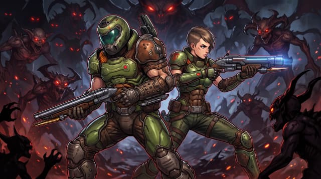 Doom (Франшиза) и Quake (Франшиза), Кроссовер, Думгай и девушка Крэш (Doomgirl из Quake), напарники, боевая стойка, спина к спине, на фоне злых демонов, стиль аниме с реалистичными деталями, шедевр