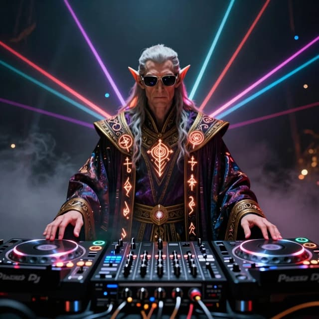 A majestic ancient fantasy wizard with pointy ears, wearing modern sunglasses, stands confidently behind an elaborate, futuristic DJ setup. He is draped in incredibly ornate robes woven with glowing arcane symbols. Behind him, the background is a deep, dark void punctuated by vibrant, crisscrossing laser beams cutting through the atmosphere. The mixer and turntables are highly detailed, featuring holographic displays and polished chrome. Cinematic lighting, dramatic rim light catching the folds of his robe. Shot on an Arri Alexa LF, 85mm lens, shallow depth of field (bokeh). Hyperdetailed, volumetric fog, octane render, epic fantasy, high contrast, ultra photorealistic.
,  <lora:Afterlight_v1.safetensors:0.3> <lora:alternative_reality_v1p.safetensors:0.6> <lora:DETAILCORE_FOREVER_V6.safetensors:0.4>
Negative prompt: blurry, low quality, noisy, photorealistic, messy lines, 3D render, complex textures, dull colors, artifacts.
Steps: 10, CFG scale: 1, Sampler: Euler, Seed: 859481884074955, Model: Krea2Turbo.safetensors, width: 2368, height: 1792, Version: v0.33.0-comfyui, Model hash: 78bbf8f416, Scheduler type: normal, Afterlight_v1.safetensors: 41459be6c4, DETAILCORE_FOREVER_V6.safetensors: ebc3452ded, alternative_reality_v1p.safetensors: b2c01f3dba