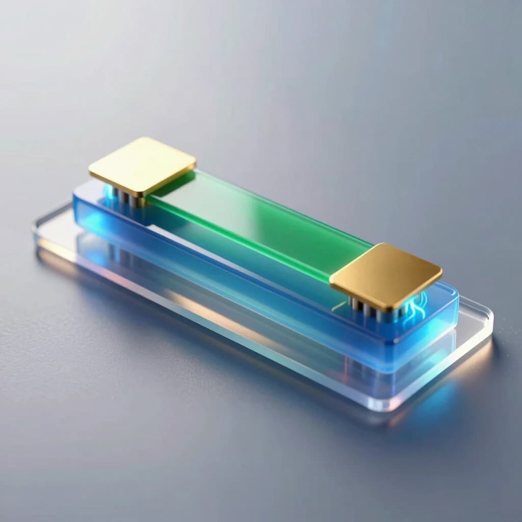 A hyper‑realistic scientific 3D illustration of a single organic field‑effect transistor with a bottom gate and top contacts of the following structure (thin layers from bottom to top): a flexible transparent polymer substrate, a continuous aluminum gate layer, a thin translucent blue layer of aluminum oxide dielectric, a thin green single‑crystal organic semiconductor, on top of it - two flat gold contacts for the source (on the left) and the drain (on the right), with a distance between them that is 10 times greater than the thickness of the semiconductor layer. The device emits a slight internal glow, indicating the flow of current through the channel. Macro photography, extreme close‑up, shallow depth of field with focus on the active layers. Cold, directional studio lighting from above combined with soft backlighting from below through a substrate to accentuate the gate‑dielectric interface. Reflections with ray tracing, caustics, and electric field aura effects around the contacts. A clean, high‑tech atmosphere, a sterile environment, no contact pads. 8K resolution, complex microscopic details, photorealistic textures.