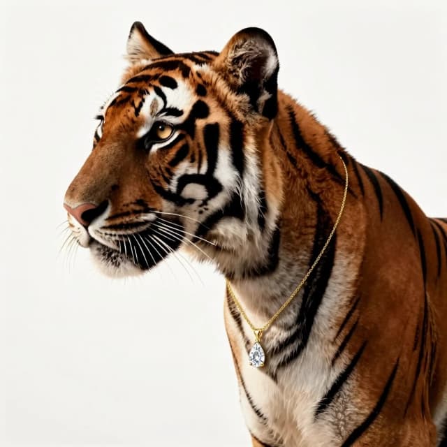 A masterpiece professional commercial wildlife photography of an elegant female tiger animal, gentle feminine features, beautiful sand-honey eyes. Half-profile view, looking to the left. Medium shot portrait, step back from the camera to show her upper body. She wears an exquisite ultra-thin delicate gold link chain, partially hidden and entwined in her neck fur. A realistic tiny minimal 1-carat oval-cut sparkling diamond teardrop pendant hangs gracefully in a clean invisible gold setting. Solid seamless pristine white studio background. Soft warm elegant lighting, natural shadows under the jewelry, high contrast, crisp facets, photorealistic.