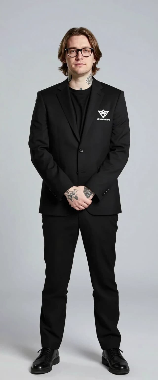 Create a profile picture of an esports club coach. The coach should be wearing glasses, have medium-length hair, and visible tattoos. They are dressed in a black suit featuring the 'dreameaters' emblem. The image should be a full-body, straight-on shot from head to toe, with hands clasped in front, and have no background, similar to HLTV profile pictures.