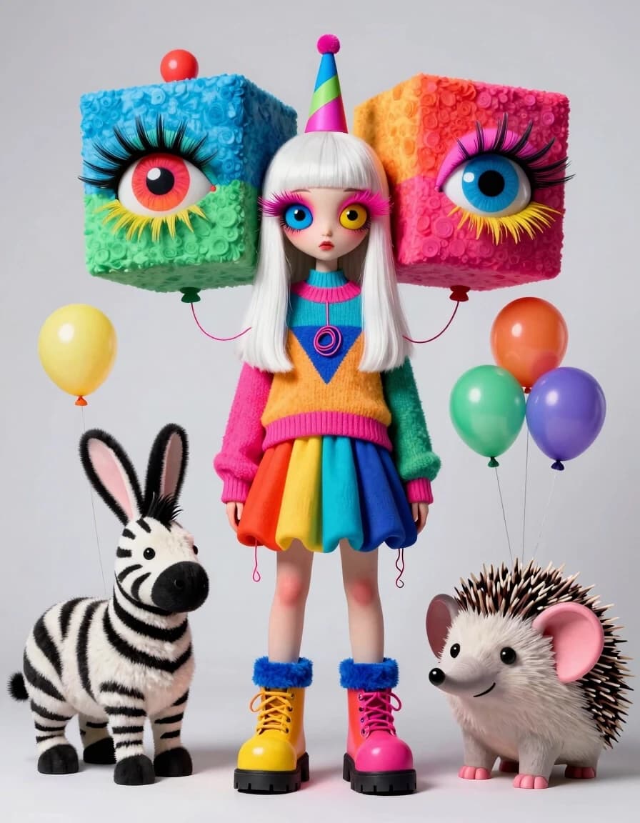 Aesthetics provocation a woman is an amazing, alien creature, really dilated eyes full of infinity, long white bangs, giant hairstyles in two cubes, combed into different parts. Full height and vividly acidic of various animals, vividly different colors, ridiculously colorful long eyelashes, a small zylinder hat, a triangular sweater half loose, a thread running from the edge of the sweater to a tangle, a huge Titan fluffy zebra rabbit, minimalism surrealism, a huge skirt of balloons, heavy boots on the enrich platform and a huge white hedgehog Like an elephant,