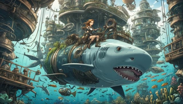 animsty1, animation style, hyper detailed, too many details, underwater futuristic eco city, epic, underwater vegetation,  multi level, rocks,  steampunk, woman riding a giant fish, sharks, fishes,