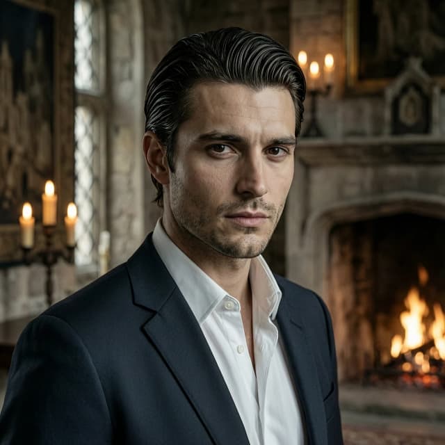 Realistic portrait of a handsome young man in his late 20s, dark brown hair slicked back, sharp jawline, intense dark eyes, aristocratic features, pale skin, wearing a dark tailored suit with a white shirt and no tie, collar slightly open, confident but tired expression, soft shadows, cinematic lighting, shallow depth of field, dark moody background with hints of old castle interior, candlelight, 85mm lens, photorealistic, 8k, hyperdetailed skin texture, subtle stubble
