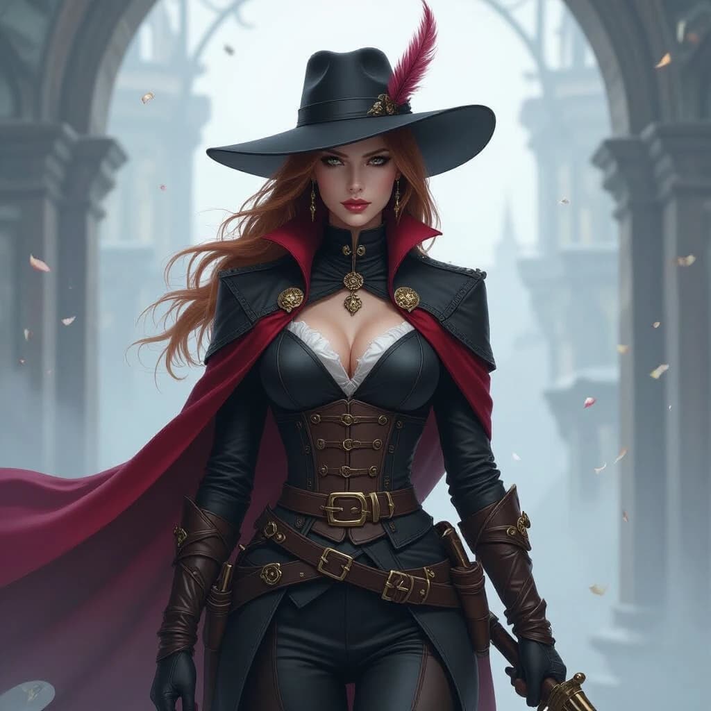 Aristocratic Irresistible Female Hunter, Panorama, Gloomcore, pov, fine artistic composition, magical atmosphere, cinematic perfect intricate stunning fine detail, background inspired, ambient illumination, sublime, great composition, theatrical, illustrious quality
