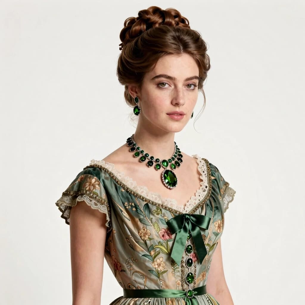 A beautiful woman in a dress, fashionable in 1861, with augite jewelry. She is positioned some distance from the camera, not looking at it. The background is clear, without blur. Style: fashion shoot