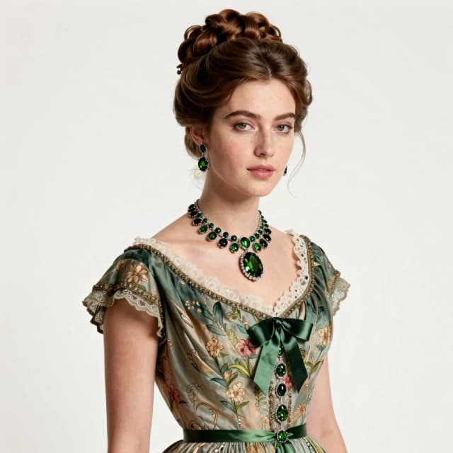 A beautiful woman in a dress, fashionable in 1861, with augite jewelry. She is positioned some distance from the camera, not looking at it. The background is clear, without blur. Style: fashion shoot