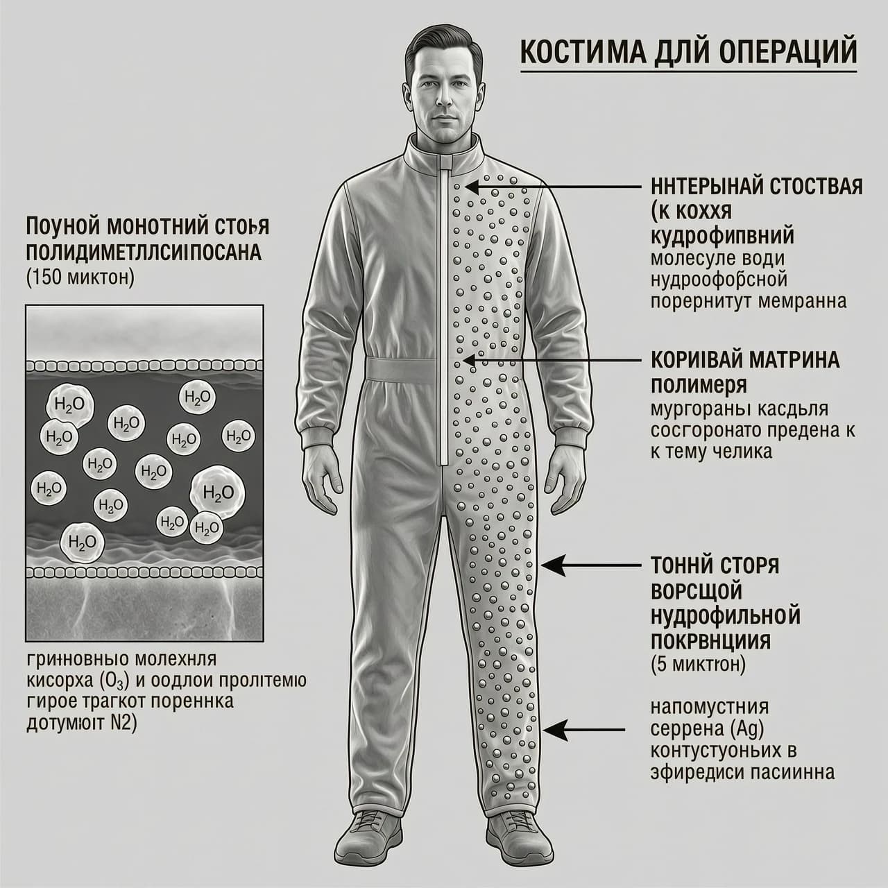 Микроскопический срез силиконового костюма толщиной 150 микрон под электронным микроскопом.Внешняя сторона (к воде): Плотный монолитный слой полидиметилсилоксана (ПДМС). Схематично изображены крупные кластеры молекул воды (\(H_{2}O\)), которые отталкиваются от гидрофобной поверхности мембраны.Внутренняя структура (диффузия): Пористая матрица полимера с микроканалами. Показано, как мелкие одиночные молекулы растворенного кислорода (\(O_{2}\)) и озона (\(O_{3}\)) свободно пролетают сквозь мембрану по градиенту давления к телу человека [документ №2].Внутренняя сторона (к коже): Тонкий слой ворсистого гидрофильного покрытия (5 микрон), на котором точками обозначены наночастицы серебра (Ag) [документ №2], контактирующие с эпидермисом пациента. Нужна картинка на которой изображен человек с костюмом для операций "Вторая кожа" со стрекой указывающей на состав данного костюма