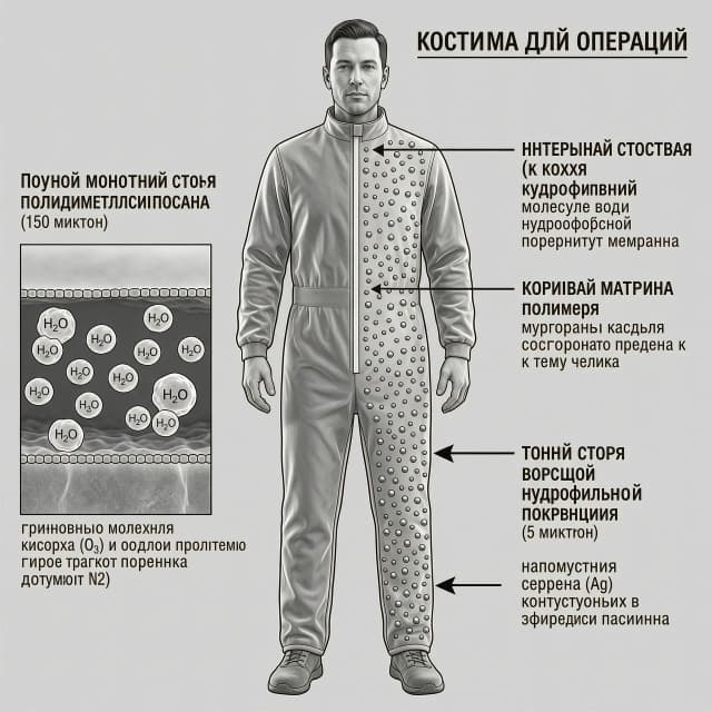 Микроскопический срез силиконового костюма толщиной 150 микрон под электронным микроскопом.Внешняя сторона (к воде): Плотный монолитный слой полидиметилсилоксана (ПДМС). Схематично изображены крупные кластеры молекул воды (\(H_{2}O\)), которые отталкиваются от гидрофобной поверхности мембраны.Внутренняя структура (диффузия): Пористая матрица полимера с микроканалами. Показано, как мелкие одиночные молекулы растворенного кислорода (\(O_{2}\)) и озона (\(O_{3}\)) свободно пролетают сквозь мембрану по градиенту давления к телу человека [документ №2].Внутренняя сторона (к коже): Тонкий слой ворсистого гидрофильного покрытия (5 микрон), на котором точками обозначены наночастицы серебра (Ag) [документ №2], контактирующие с эпидермисом пациента. Нужна картинка на которой изображен человек с костюмом для операций "Вторая кожа" со стрекой указывающей на состав данного костюма
