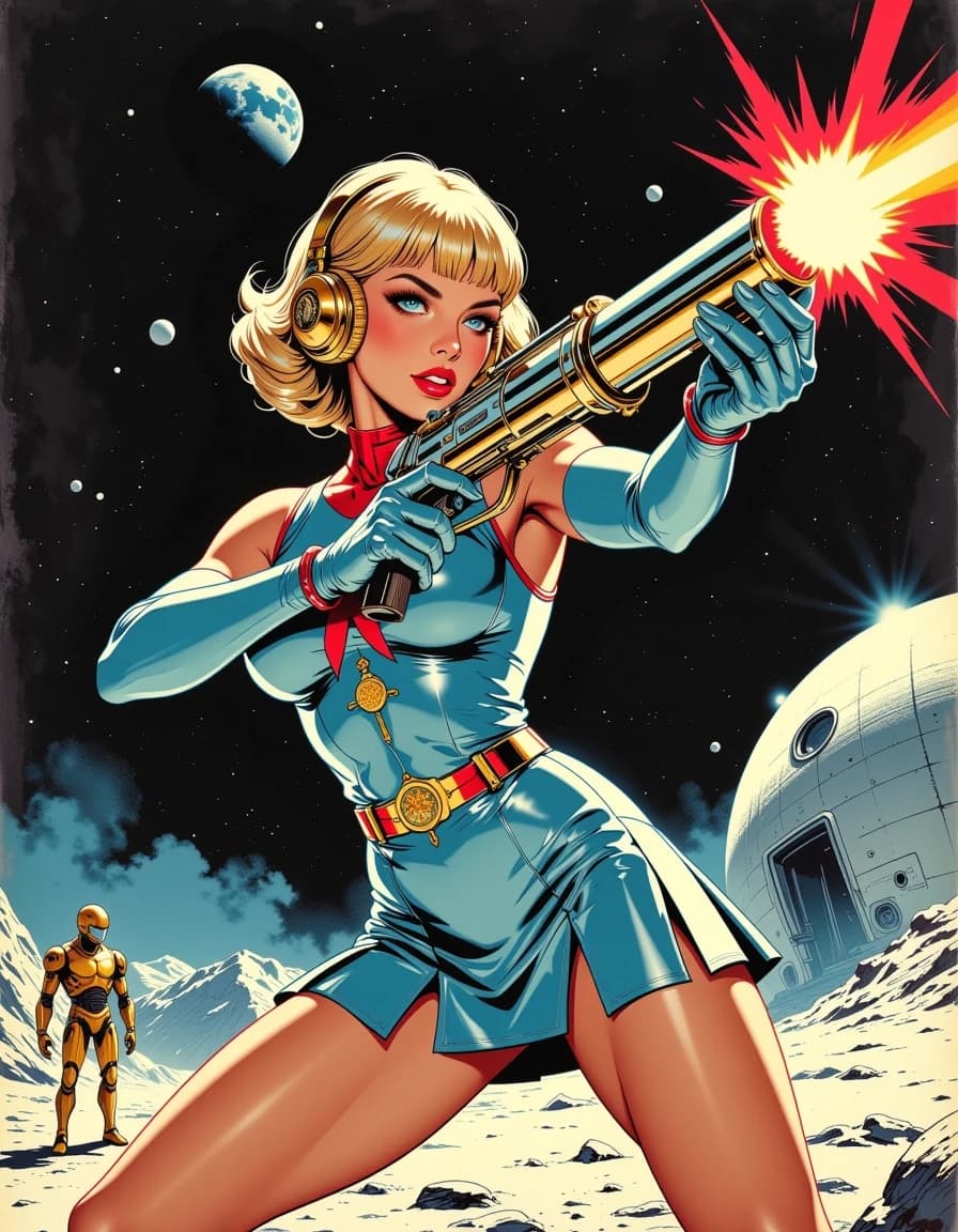 A masterpiece,  in the style of the 1980s, with bold lines, dynamic strokes and rich textures, on background with a touch of nostalgia, perhaps with subtle drawings inspired by cellulose and vintage, worn textures similar to paper, oil painting, A stunning 1950s sci-fi pin-up poster of a beautiful blonde woman with retro bouffant hairstyle and bangs, wearing shiny metallic blue catsuit with a golden rocket badge on his chest, with short pleated skirt, red trim, golden rocket belt, long blue gloves, and large golden retro headphones, dramatic heroic pose, aiming and firing a large ornate chrome ray gun with bright red laser beam, intense cinematic lighting with lens flares and glowing effects, photorealistic airbrush style, deep colors, black space, hyper-detailed, glossy reflective surfaces, perfect anatomy, 
1950s fantastic movie poster aesthetic, retrofuturism, dramatic low angle, epic composition, lunar base Alpha-7 on the moon surface, rocky lunar terrain, futuristic domes and space station buildings in background, two retro robots standing guard, Earth visible in starry black sky, epic sci-fi atmosphere, vibrant colors, high contrast, masterpiece, ultra-detailed, 8k