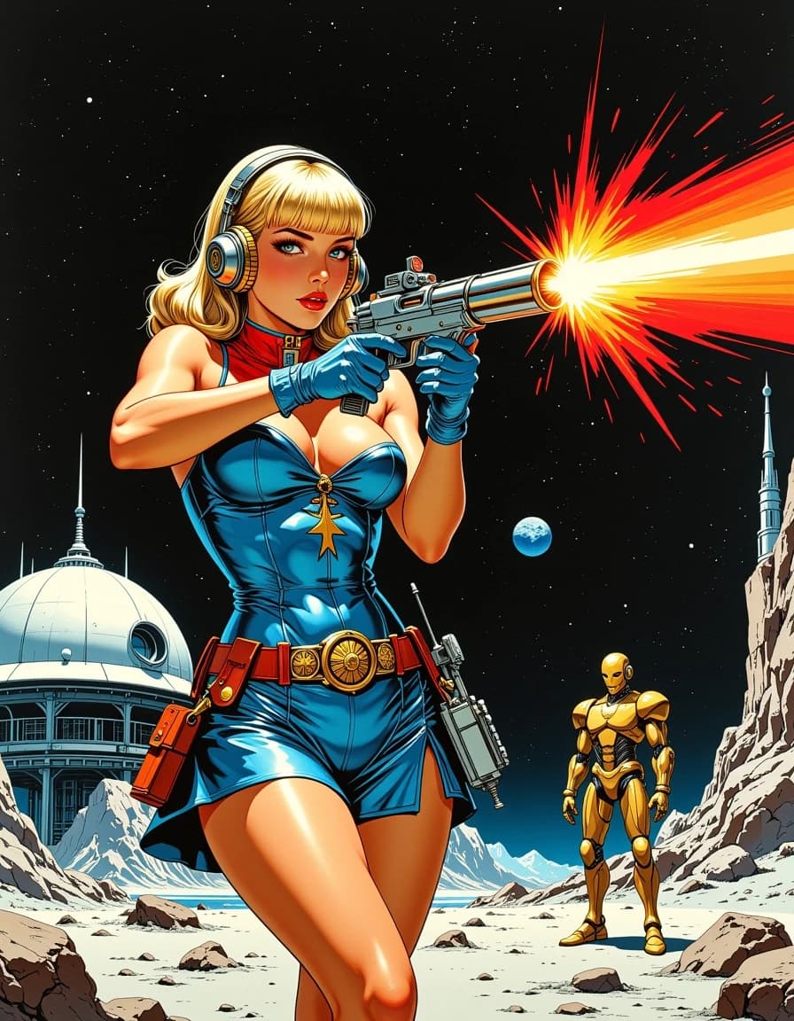 A masterpiece,  in the style of the 1980s, with bold lines, dynamic strokes and rich textures, on background with a touch of nostalgia, perhaps with subtle drawings inspired by cellulose and vintage, worn textures similar to paper, oil painting, A stunning 1950s sci-fi pin-up poster of a beautiful blonde woman with retro bouffant hairstyle and bangs, wearing shiny metallic blue catsuit with a golden rocket badge on his chest, with short pleated skirt, red trim, golden rocket belt, long blue gloves, and large golden retro headphones, dramatic heroic pose, aiming and firing a large ornate chrome ray gun with bright red laser beam, intense cinematic lighting with lens flares and glowing effects, photorealistic airbrush style, deep colors, black space, hyper-detailed, glossy reflective surfaces, perfect anatomy, 
1950s fantastic movie poster aesthetic, retrofuturism, dramatic low angle, epic composition, lunar base Alpha-7 on the moon surface, rocky lunar terrain, futuristic domes and space station buildings in background, two retro robots standing guard, Earth visible in starry black sky, epic sci-fi atmosphere, vibrant colors, high contrast, masterpiece, ultra-detailed, 8k