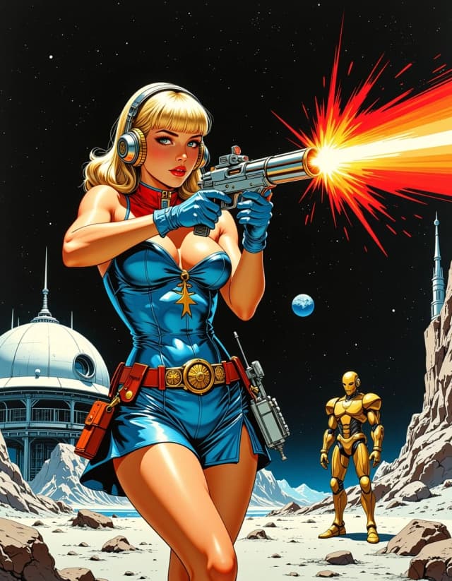 A masterpiece,  in the style of the 1980s, with bold lines, dynamic strokes and rich textures, on background with a touch of nostalgia, perhaps with subtle drawings inspired by cellulose and vintage, worn textures similar to paper, oil painting, A stunning 1950s sci-fi pin-up poster of a beautiful blonde woman with retro bouffant hairstyle and bangs, wearing shiny metallic blue catsuit with a golden rocket badge on his chest, with short pleated skirt, red trim, golden rocket belt, long blue gloves, and large golden retro headphones, dramatic heroic pose, aiming and firing a large ornate chrome ray gun with bright red laser beam, intense cinematic lighting with lens flares and glowing effects, photorealistic airbrush style, deep colors, black space, hyper-detailed, glossy reflective surfaces, perfect anatomy, 
1950s fantastic movie poster aesthetic, retrofuturism, dramatic low angle, epic composition, lunar base Alpha-7 on the moon surface, rocky lunar terrain, futuristic domes and space station buildings in background, two retro robots standing guard, Earth visible in starry black sky, epic sci-fi atmosphere, vibrant colors, high contrast, masterpiece, ultra-detailed, 8k