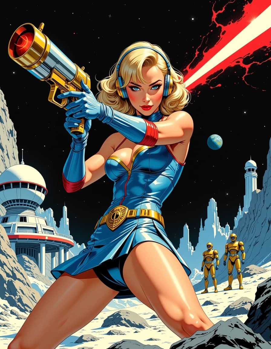 A masterpiece,  in the style of the 1980s, with bold lines, dynamic strokes and rich textures, on background with a touch of nostalgia, perhaps with subtle drawings inspired by cellulose and vintage, worn textures similar to paper, oil painting, A stunning 1950s sci-fi pin-up poster of a beautiful blonde woman with retro bouffant hairstyle and bangs, wearing shiny metallic blue catsuit with a golden rocket badge on his chest, with short pleated skirt, red trim, golden rocket belt, long blue gloves, and large golden retro headphones, dramatic heroic pose, aiming and firing a large ornate chrome ray gun with bright red laser beam, intense cinematic lighting with lens flares and glowing effects, photorealistic airbrush style, deep colors, black space, hyper-detailed, glossy reflective surfaces, perfect anatomy, 
1950s fantastic movie poster aesthetic, retrofuturism, dramatic low angle, epic composition, lunar base Alpha-7 on the moon surface, rocky lunar terrain, futuristic domes and space station buildings in background, two retro robots standing guard, Earth visible in starry black sky, epic sci-fi atmosphere, vibrant colors, high contrast, masterpiece, ultra-detailed, 8k