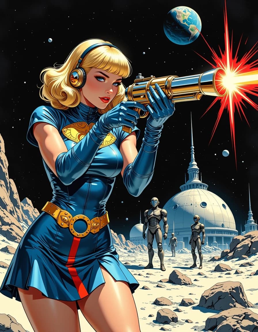 A masterpiece,  in the style of the 1980s, with bold lines, dynamic strokes and rich textures, on background with a touch of nostalgia, perhaps with subtle drawings inspired by cellulose and vintage, worn textures similar to paper, oil painting, A stunning 1950s sci-fi pin-up poster of a beautiful blonde woman with retro bouffant hairstyle and bangs, wearing shiny metallic blue catsuit with a golden rocket badge on his chest, with short pleated skirt, red trim, golden rocket belt, long blue gloves, and large golden retro headphones, dramatic heroic pose, aiming and firing a large ornate chrome ray gun with bright red laser beam, intense cinematic lighting with lens flares and glowing effects, photorealistic airbrush style, deep colors, black space, hyper-detailed, glossy reflective surfaces, perfect anatomy, 
1950s fantastic movie poster aesthetic, retrofuturism, dramatic low angle, epic composition, lunar base Alpha-7 on the moon surface, rocky lunar terrain, futuristic domes and space station buildings in background, two retro robots standing guard, Earth visible in starry black sky, epic sci-fi atmosphere, vibrant colors, high contrast, masterpiece, ultra-detailed, 8k