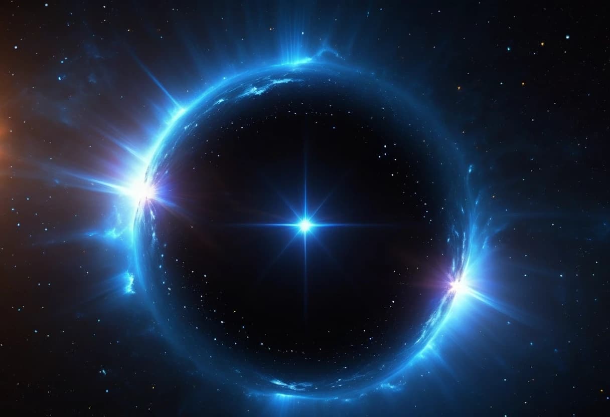 A stunning 16:9 cinematic space wallpaper. In the exact center, a massive, brilliant blue star shines with intense brightness and glowing lens flares. The surrounding deep black void is densely packed with a vast field of tiny, distant stars of varying sizes and subtle colors. High contrast, photorealistic, 8k resolution, majestic cosmic atmosphere.