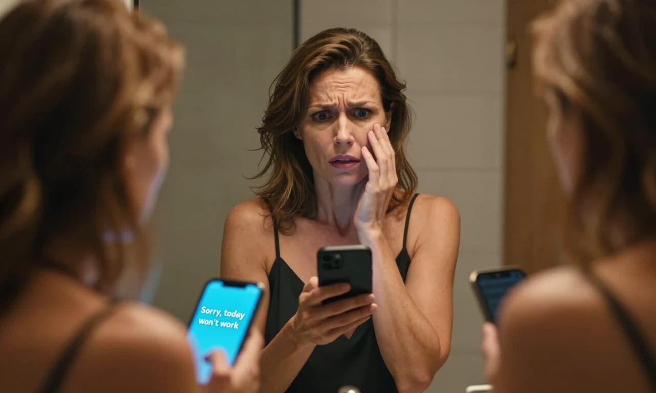 European woman, 42 years old, standing in front of a bathroom mirror, dressed for a date, holding a phone in her hand with a half-typed message "Sorry, today won't work", anxious expression, hesitation and fear visible on face, warm and soft lighting, intimate emotional moment, photorealistic, 8k --ar 16:9 --style raw