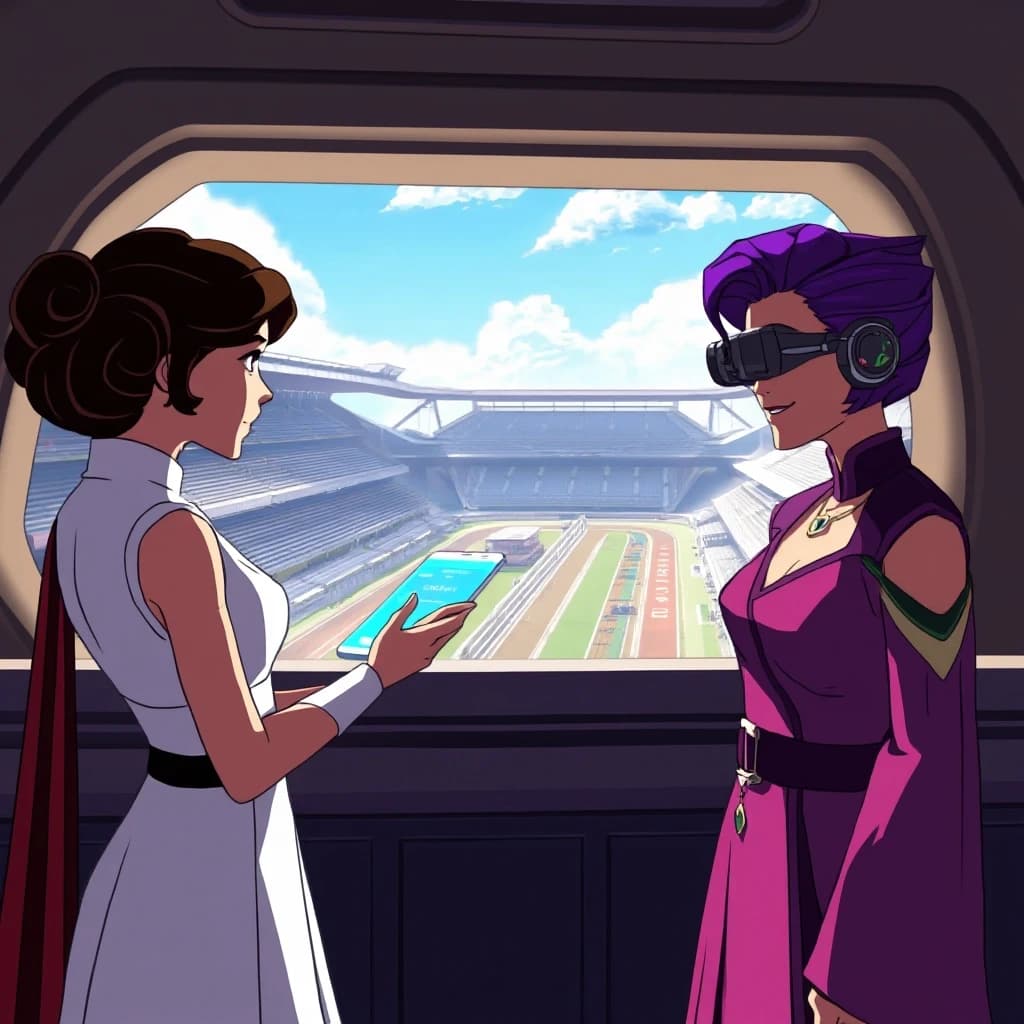 A vibrant sci-fi anime screenshot style from Star Wars rebels. Inside a luxurious futuristic VIP viewing balcony overlooking a massive sunny sci-fi racing stadium on Alderaan. Princess Leia Organa, a 17-year-old girl in an elegant formal white dress, is discreetly passing a glowing transparent data-pad to a teenage girl with vibrant purple hair (Amora). Amora and Sabine Wren are both dressed in sophisticated, beautiful high-society Alderaan aristocratic gowns, pretending to be wealthy racing fans. Sabine is smiling and looking at the racetrack through electro-binoculars to distract the security. Bright sunny day, modern clean sci-fi architecture, smooth lines, detailed character designs, Star Wars universe.