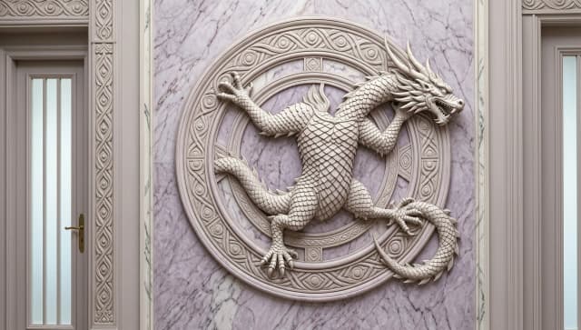 Architectural totemic bas-relief for a bright hallway (wall 3500×2600 mm). Center — circular mandala (45% of height) featuring a warrior guardian dragon that breaks beyond the circle: muscular body coils around ⅔ of the circumference, front claws grip the ring from above and below — talons digging into the ornament, hind claws brace against the opposite side, rupturing the line. The dragon's head and tail extend beyond the circle's boundaries, creating dynamic breakthrough. The dragon is not merely inside — it holds and controls the circle as a shield, gaze fixed toward the entrance. Armor-like lamellar scales, battle scars, folded wing-banners behind. Left — door matching wall color with frosted glass strips, framed by powerful ornamental pilaster bands. Relief is shallow but features sharp graphics, emphasis on grip and tension in the claws. Finish — light plaster imitating pale lilac marble and white veined limestone. Style — epic fantasy, totemic warrior ornamentation, dynamic asymmetry, breaking the frame.