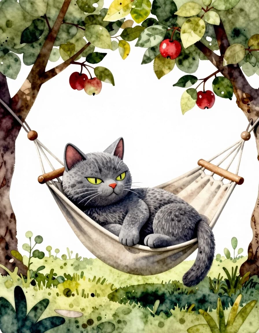 A masterpiece. Create an image. Watercolor painting style: ((Grey cat with sly sly eyes):1.6 dozing in a hammock under the apple trees in the garden):1.6, clear edges, clear textures, volumetric composition, 3D depth, studio lighting, author's style, 8k resolution. High detail and clear texture. High quality. Increased attention to small details. The aspect ratio is 3:4.