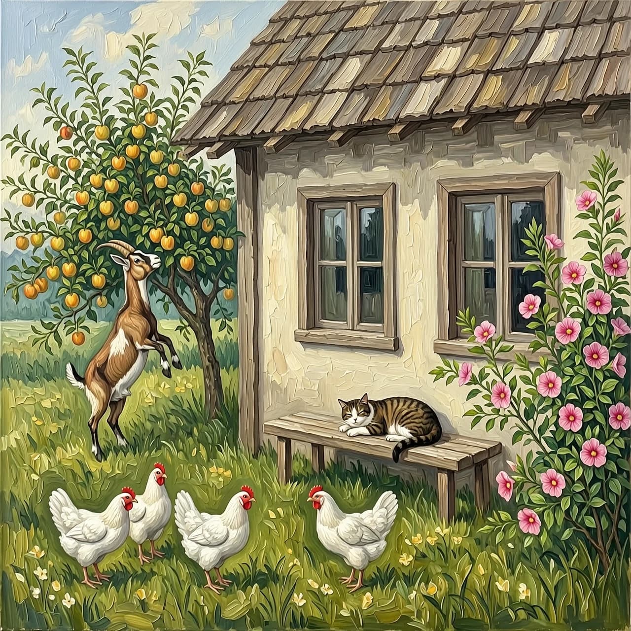 Рисунок маслом. Дом деревенский с двумя окнами. На заднем плане яблоня, коза стоит на задних лапах пытается достать верхнее яблоко. Перед окнами скамья без спинки, на ней спит кот. На углу дома цветет мальва. Гуляют  три белые курицы