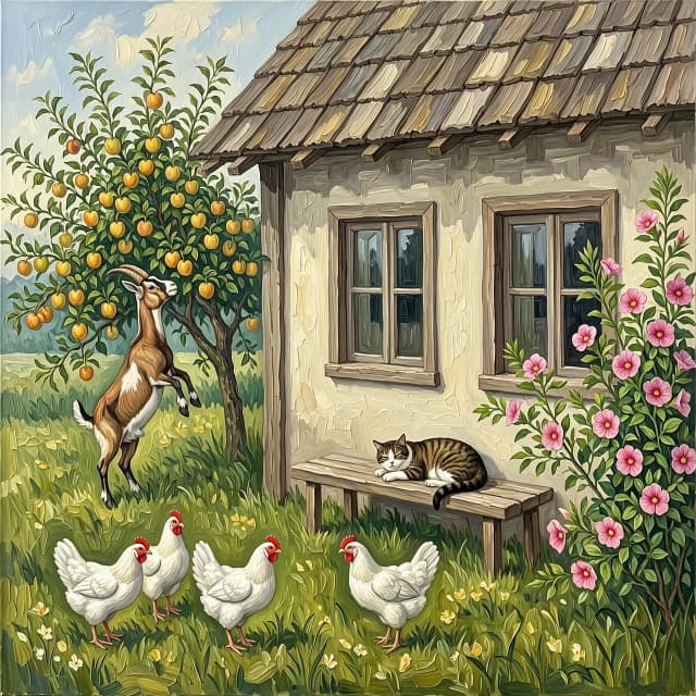 Рисунок маслом. Дом деревенский с двумя окнами. На заднем плане яблоня, коза стоит на задних лапах пытается достать верхнее яблоко. Перед окнами скамья без спинки, на ней спит кот. На углу дома цветет мальва. Гуляют  три белые курицы