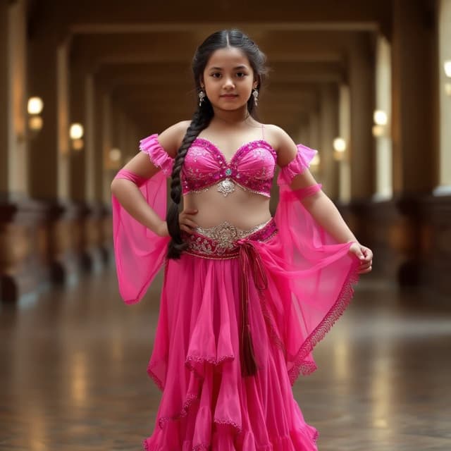 front view chubby belly dancer girl in pink costume brunette one long braid hair stand in hall