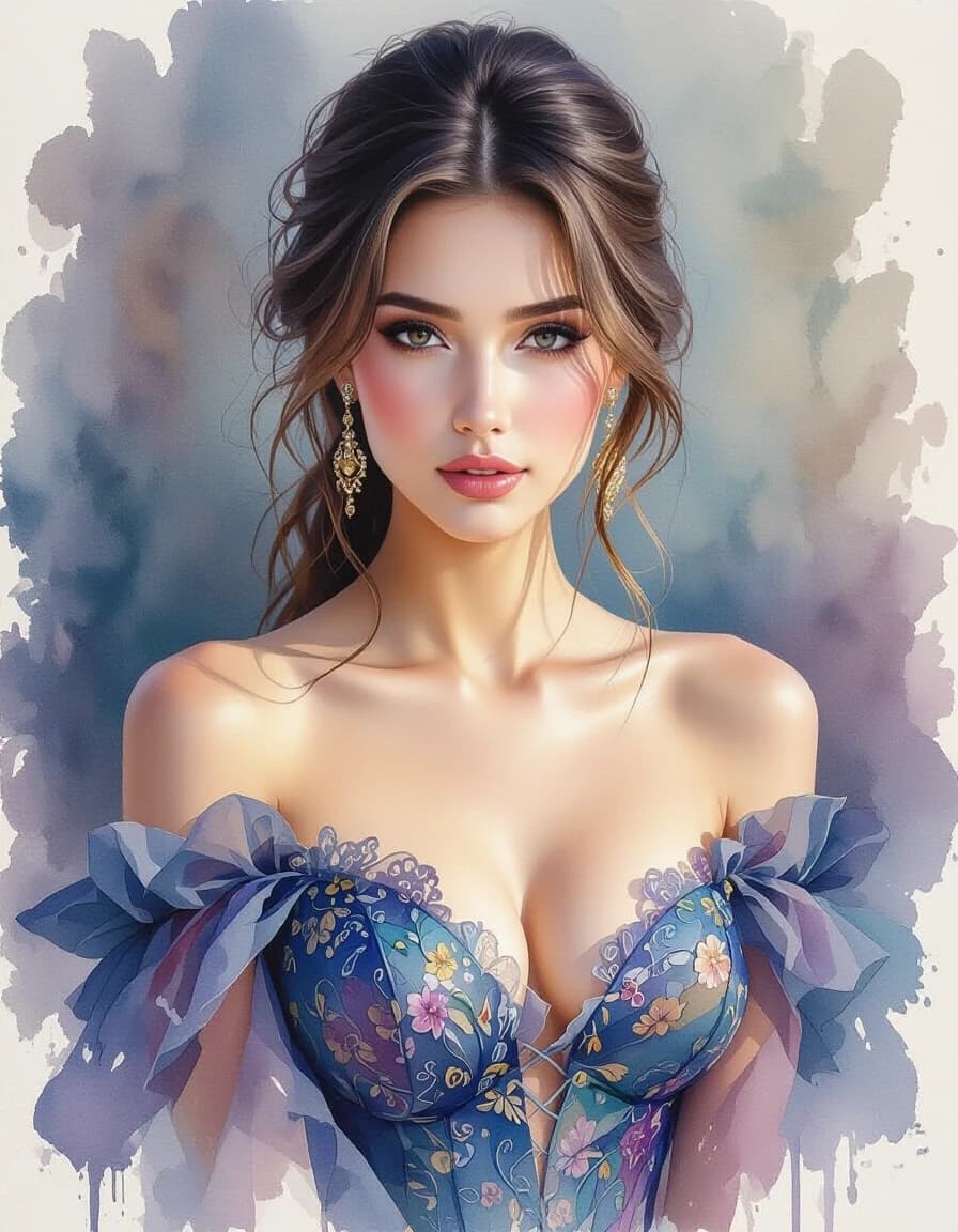 beautiful look, detailed dress, detailed hair, ultra focus, face illumined, face detailed, 8k resolution, watercolor, Konstantin Razumov and Volegov style, portrait by Willem Haenraets, watercolour, wet-on-wet and splash techniques, centred, perfect composition, abstraction
