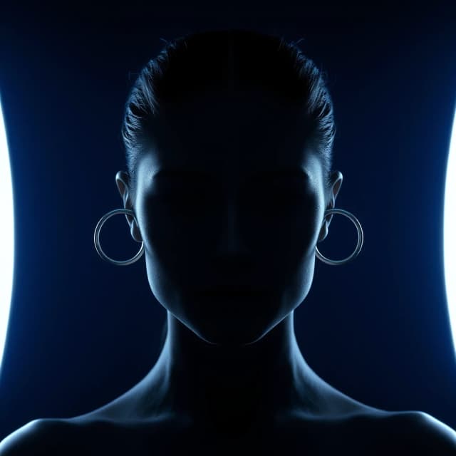 The photograph is a close-up, full-face portrait set against a nearly black background featuring deep blue tones. The image is rendered in a cool, monochromatic palette: the face is entirely shrouded in shadow and remains unseen, while rim lighting traces the silvery outlines of the head, ears, neck, and shoulders. The hair is slicked back with a center part. The face is turned directly toward the camera; large metal ornaments with curved, loop-like details are visible on both ears. The light accentuates the jawline, cheekbones, collarbones, and shoulders, creating a striking contrast between the illuminated skin and the deep shadows. The composition is symmetrical and minimalist, evoking a dramatic, almost futuristic mood.