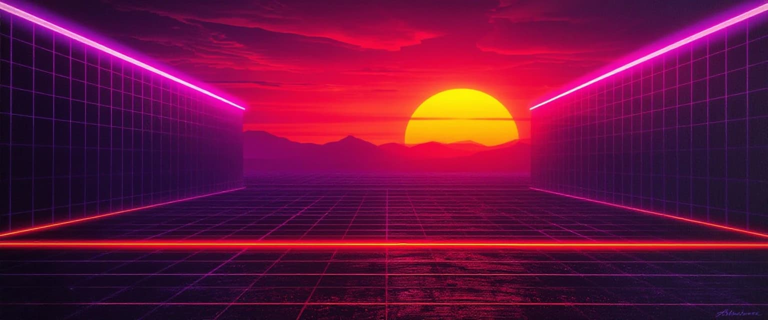 Synthwave retro gaming banner, neon purple and sunset orange wireframe grid horizon, 80s arcade gaming aesthetic, glowing digital lasers, pixel art particle effects on borders, minimal dark composition in the middle, vibrant neon glow, 8k --ar 16:9