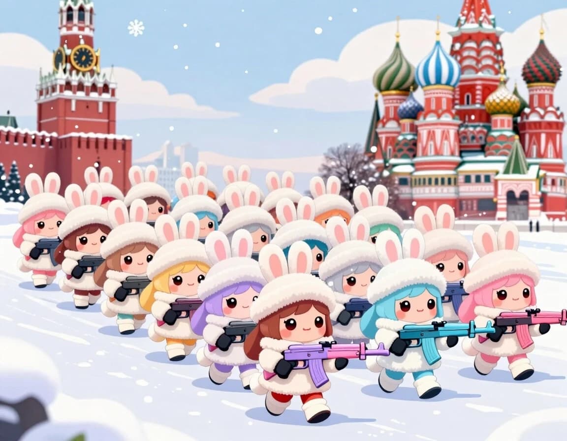 Cute kawaii chibi-style anthropomorphic bunny girls marching in dense multiple parallel rows on snowy Red Square in Moscow.

Many ranks of adorable chibi rabbit girls with big sparkling eyes, fluffy bunny ears and small tails, each wearing a fluffy white winter fur coat, white bunny-ear ushanka hat and white boots.

They have diverse hair colors: light brown, blonde, soft pink, light blue, lavender, silver, peach, mint, etc.

Each girl holds a stylized cute pastel-colored AK-style rifle (pink, lavender, light blue).

They are marching forward in neat military parade formation, several deep rows stretching into the distance.
Winter landscape: thick white snow covering the ground, soft falling snowflakes in the air, snow on the roofs and walls.

Background: Spasskaya Tower with clock on the left, colorful onion domes of Saint Basil’s Cathedral on the right, pale winter sky with light clouds.
Highly detailed chibi anime style, soft pastel colors, wholesome and adorable atmosphere, clean composition, high quality