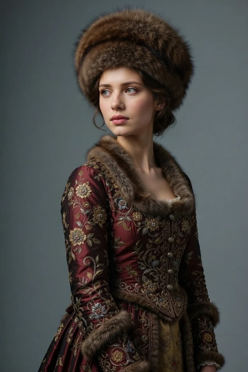 Portrait of a 22-year-old young woman, in an elegant historical costume, standing three-quarters view and looking into the distance with a slight expression of thoughtfulness. She is wearing a luxurious, fitted burgundy jacket with a high collar and a long skirt, decorated with rich gold and silver embroidery in the form of floral ornaments and intricate patterns. The sleeves and collar are trimmed with fluffy fur, and the jacket features delicate metal buttons. The woman's head is adorned with a voluminous, fluffy hat made of thick brown fur. She is captured against a neutral, solid gray-blue background that does not distract from the detail of the outfit. The lighting is soft, studio-like, directed from the side, creating delicate shadows and emphasizing the texture of the fur, the shine of the embroidery, and the facial features. The color palette is restrained and noble, consisting of rich brown and muted gold. The shot is made in the style of high-quality fashion photography with clear detailing of fabrics, creating an atmosphere of aristocracy, historical drama, and refined luxury.