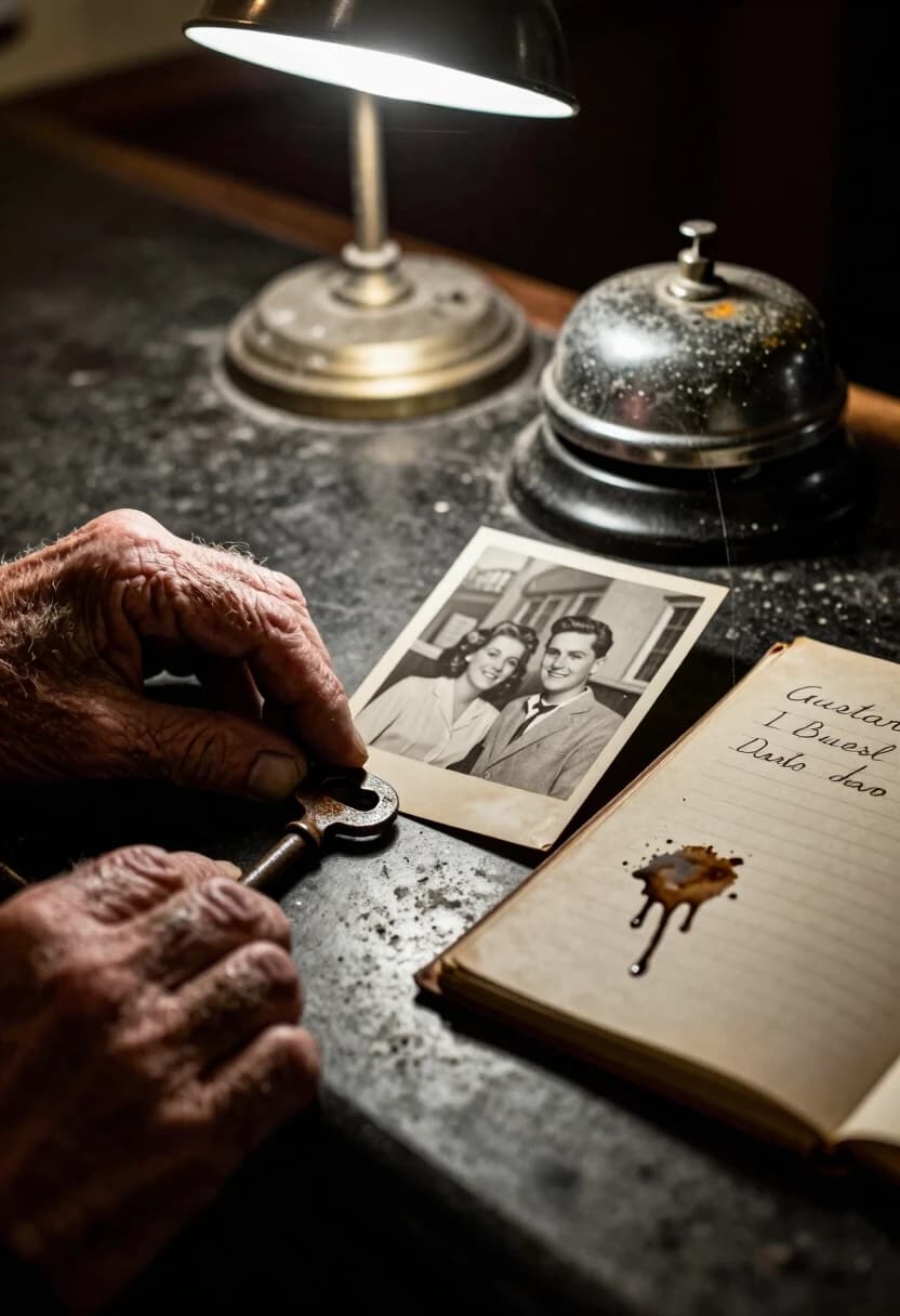 A hyper-realistic close-up of an old hotel reception desk. A weathered, trembling hand of an elderly man is placing a rusted, heavy iron key on the dusty counter. Beside the key lies a faded black-and-white photograph of a young couple from the 1950s, smiling in front of this very hotel. The reception bell is tarnished and covered in cobwebs, and the guest book is open to a page where the last entry is dated decades ago, with a smudge of ink like a tear had fallen on it. The lighting is a mix of gloomy shadows and a single, harsh overhead lamp, creating a stark, dramatic mood of loss and nostalgia. 8k resolution, extreme detail on skin wrinkles and aged paper.