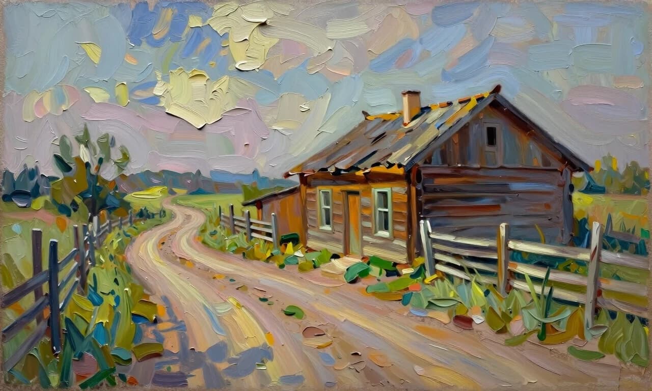 impressionist painting a modest rural plot.  The sun-warmed wood of an old house - rickety from time to time;  The road passing by is a dirt road, worn out by recent rains, but dried by the midday sun.  Sloping fences along the road, assembled from small boards, behind which grass has grown.  And a strange feeling of loneliness - as if everyone had left loose brushwork, vibrant color, light and shadow play, captures feeling over form, impasto painting, thick paint texture, raised brushstrokes, three-dimensional surface, expressive, heavy texture, sculptural paint, palette knife oil painting, bold strokes, thick texture, dramatic, expressive, chunky paint application, modern technique, 4K resolution, pastel colors, selective focus, cinematic lighting