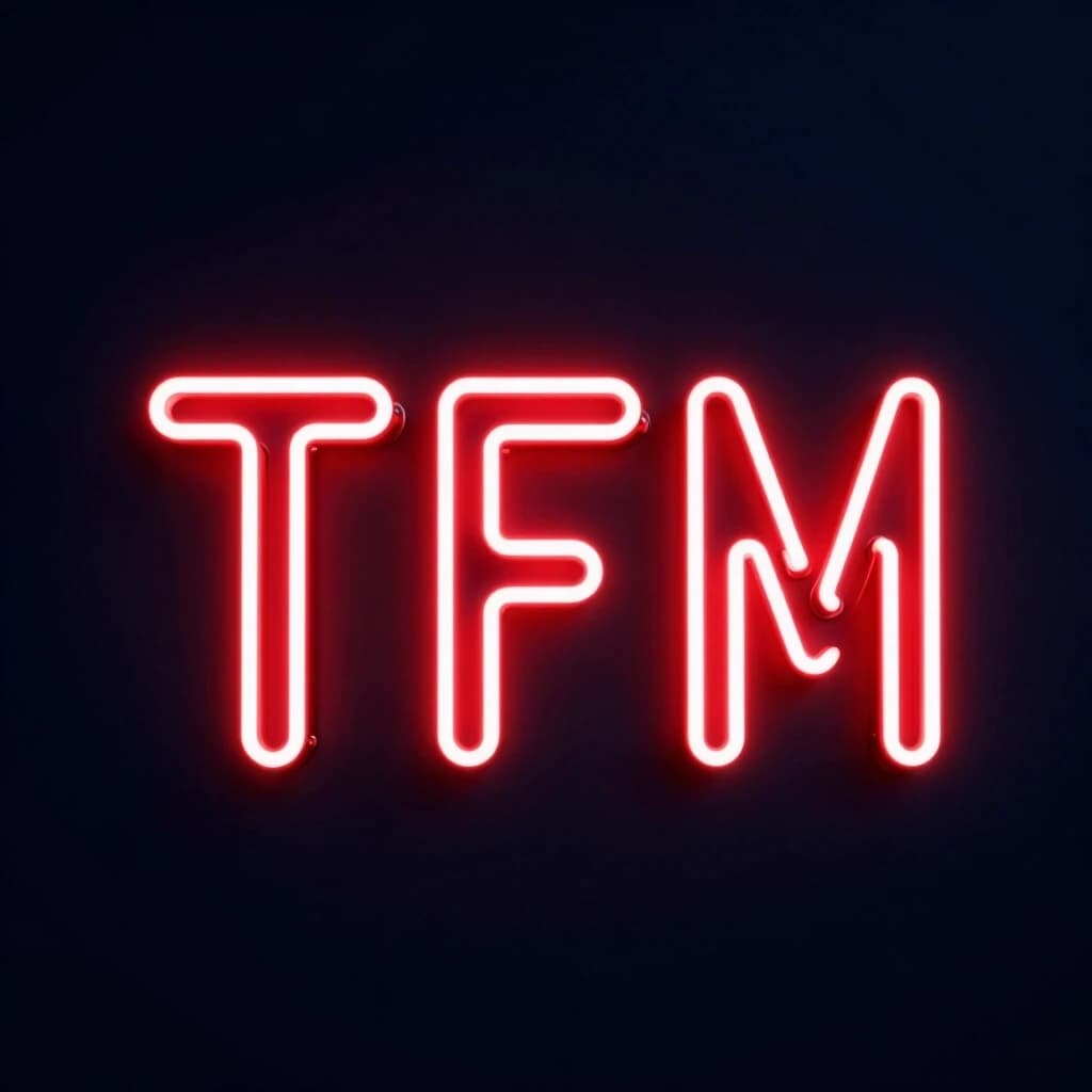 Three large capital letters T F M in vivid red neon tube style, centered composition, bright neon glow on dark navy matte background, white core with red outer glow, cyberpunk high-tech minimalism, slight mist or glass texture for depth, 1:1 square format, no faces, no clutter on edges, perfect for circular crop.