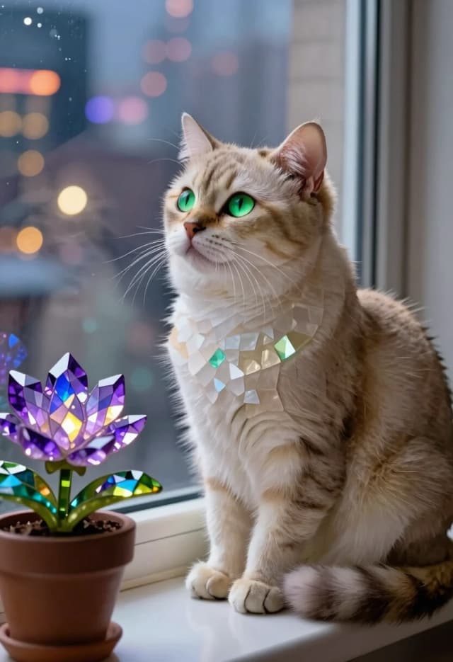 Создай в технике «Luminous Crystal Mosaic Style» сцену: пушистая кошка кремового окраса с ярко‑зелёными глазами сидит на подоконнике и смотрит в окно. За окном — ночной город, огни которого отражаются в стекле, создавая калейдоскоп цветных бликов. Кошка слегка наклонила голову, уши насторожены, усы подрагивают — она будто услышала тихий шорох на улице. Её поза расслабленная, но в то же время собранная: передние лапы аккуратно сложены, хвост обвивает бока. На подоконнике — горшок с цветущей фиалкой, её лепестки и листья тоже выполнены в мозаичной технике, с эффектом внутреннего свечения. Свет из комнаты мягко ложится на шерсть кошки, подчёркивая её объём и текстуру. Детали мозаики: грани «кристаллов» на шерсти кошки чуть крупнее, чем на фоне, чтобы выделить её как главного героя. Композиция — крупный план, фокус на кошке и её взгляде.