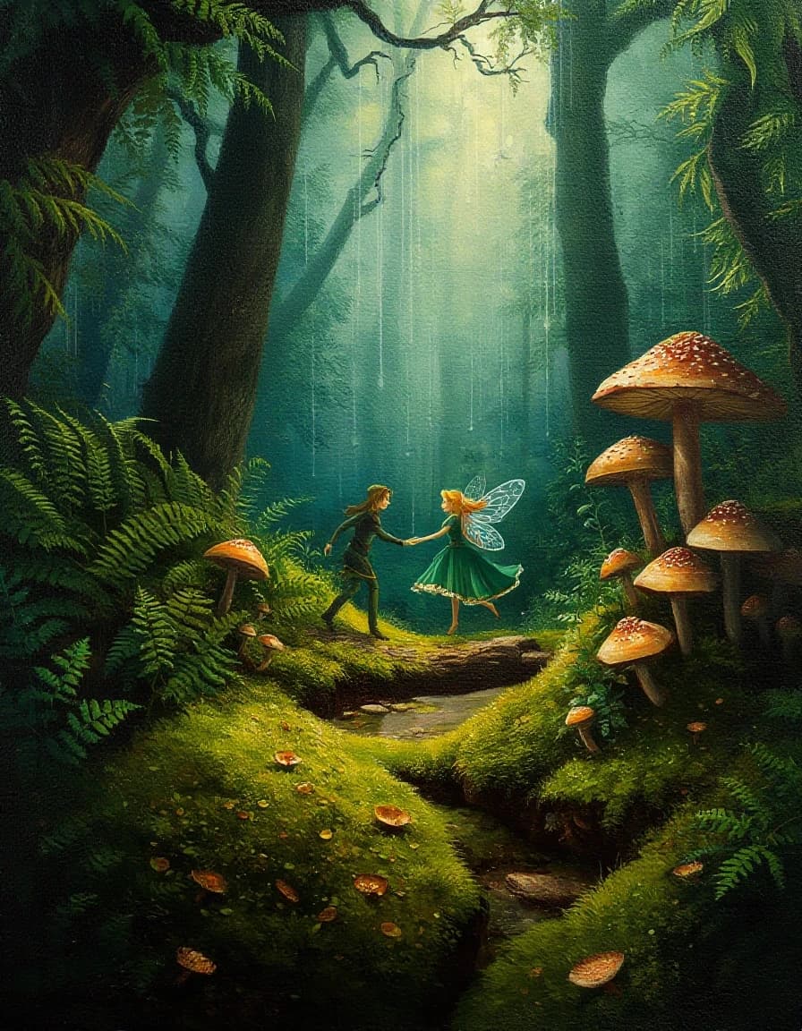 A masterpiece. Creating an image. Style - painting, oil, cartoon style.((A secluded forest glade among ferns, mushrooms and moss, in the foreground, an elf and a fairy waltz together under a warm mushroom rain:1.6)). High resolution. High detail and clear texture. Close-up. High quality. Increased attention to small details. The aspect ratio is 3:4. The artists are Levitan, Shishkin.and
