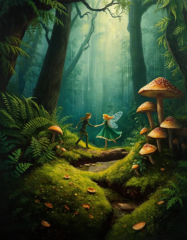 A masterpiece. Creating an image. Style - painting, oil, cartoon style.((A secluded forest glade among ferns, mushrooms and moss, in the foreground, an elf and a fairy waltz together under a warm mushroom rain:1.6)). High resolution. High detail and clear texture. Close-up. High quality. Increased attention to small details. The aspect ratio is 3:4. The artists are Levitan, Shishkin.and
