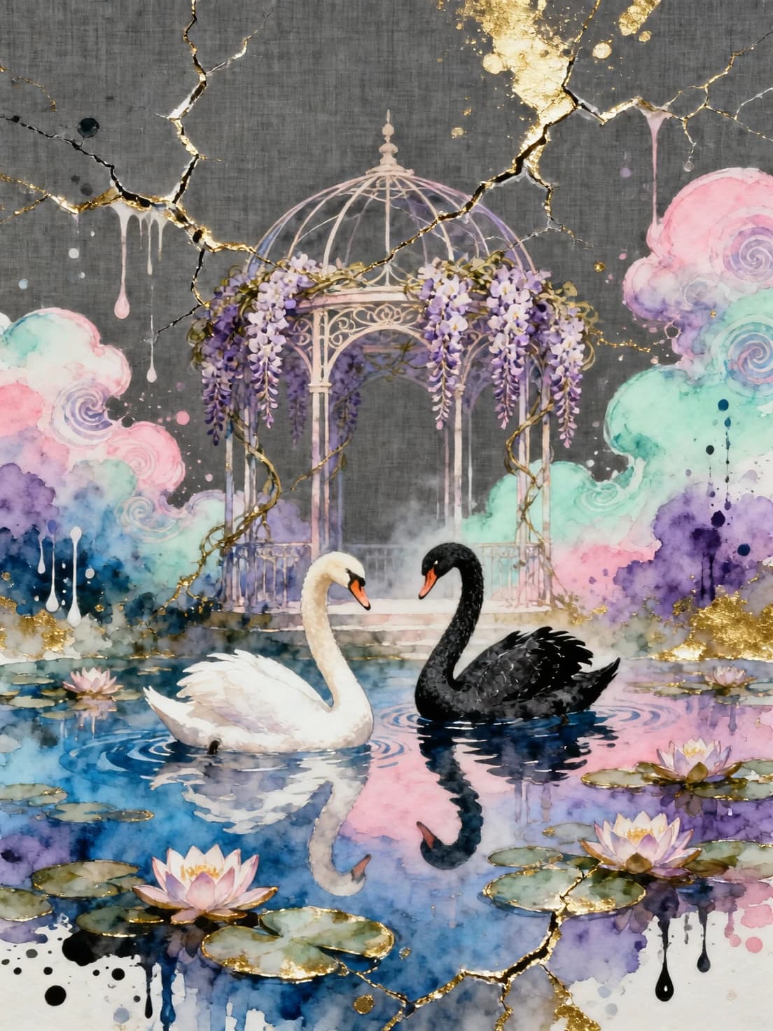 Soft watercolor with lots of splashes on a deep gray background. An abstract solution. Watercolor painting in the style of Agnes Cecile with streaks, splashes and drops of paint in the style of impressionism. A pair of swans with elegantly curved necks: a white swan and a black swan. Silhouette solution: pond with water lilies, swans in the pond, elegant gazebo surrounded by wisteria. Gradient transitions (blue, pink, purple, mint) are made using the technique of "wet" coloring. Everything is decorated with intricate kintsugi veins, made in the form of three-dimensional lines in embossed gold paste. Swirling fractal clouds of pastel watercolor paints. Radiance around the edges and deep picturesque shadows. Splashes of color around the edges. Drops and splashes. Art Nouveau, Art Deco style. Psychedelic, abstract artistic energy. Highly detailed macrotexture of gold, reflective metallic texture of golden contours, intense luster. Thin, graceful cracks of golden kintsuga decorate the dark space of the negative, creating an airy decorative web. Linen background with a dense, well-defined texture of watercolor paper. Cinematic lighting, sophisticated, dreamy, high-contrast gold on a background of delicate colors. Aesthetics of creativity and classics, high detail, gallery-quality finishes.