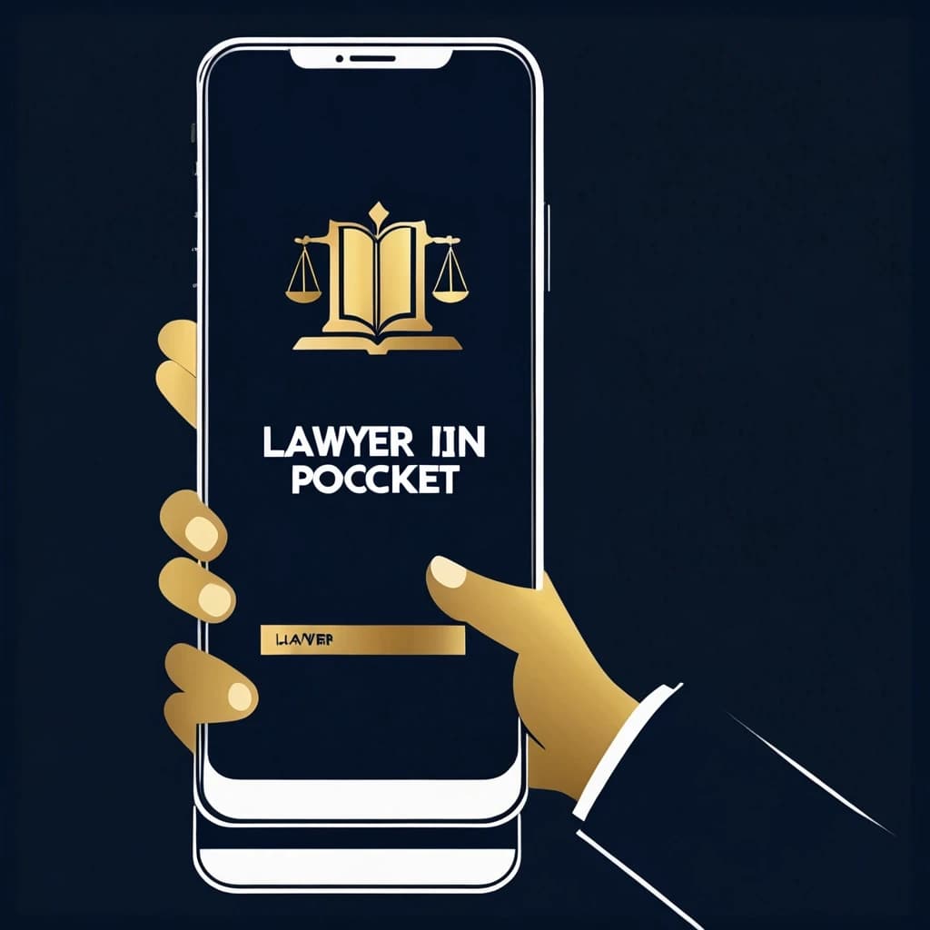Minimalist poster, dark navy background, a smartphone in a person's hand, a law book with golden letters flying out of the phone, silhouette of a person in the background, large bold text "LAWYER IN YOUR POCKET" in white and gold, clean design, 8k, strict and confident mood, no clutter, professional typography --ar 16:9