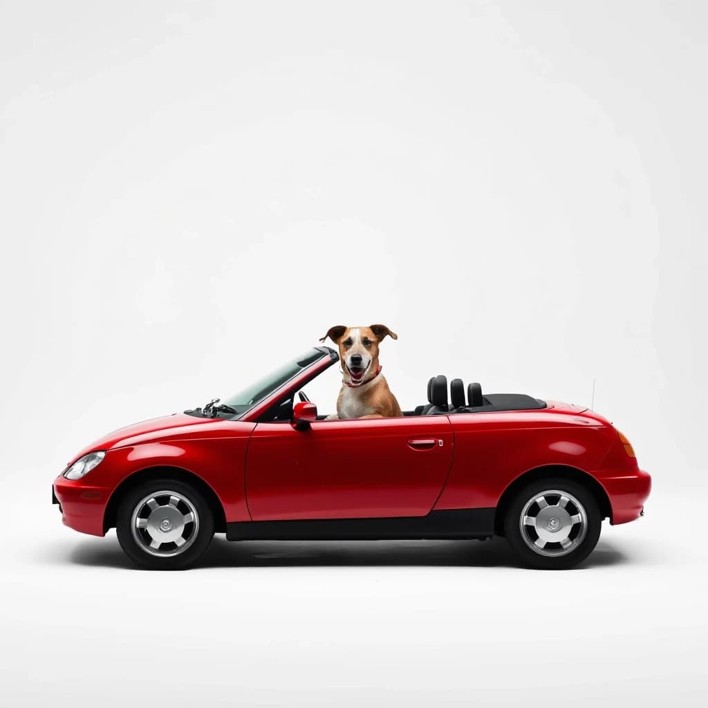 A professional photo against a pristine white background. A dog sits behind the wheel of a small red convertible.