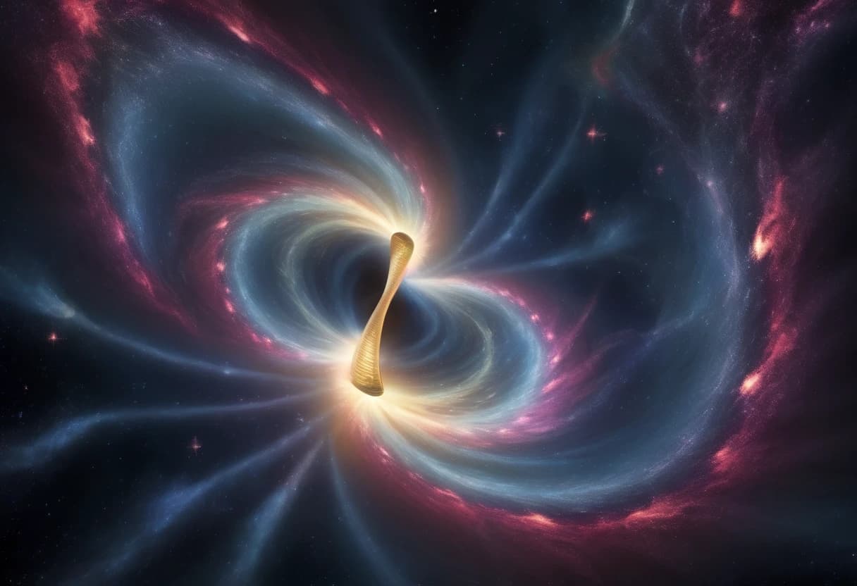 "A massive galactic quantum spiral shaped like an hourglass, consisting of two gigantic rotating energy funnels that taper and meet at the exact center. A blinding quantum flash explosion occurs at the convergence point where the funnels touch. Side view emphasizing the 3D volumetric structure and depth. The image highlights the boundless vastness of space with countless shimmering stars in the deep black background. Cinematic lighting, photorealistic, 8k resolution, epic scale, glowing energy filaments.