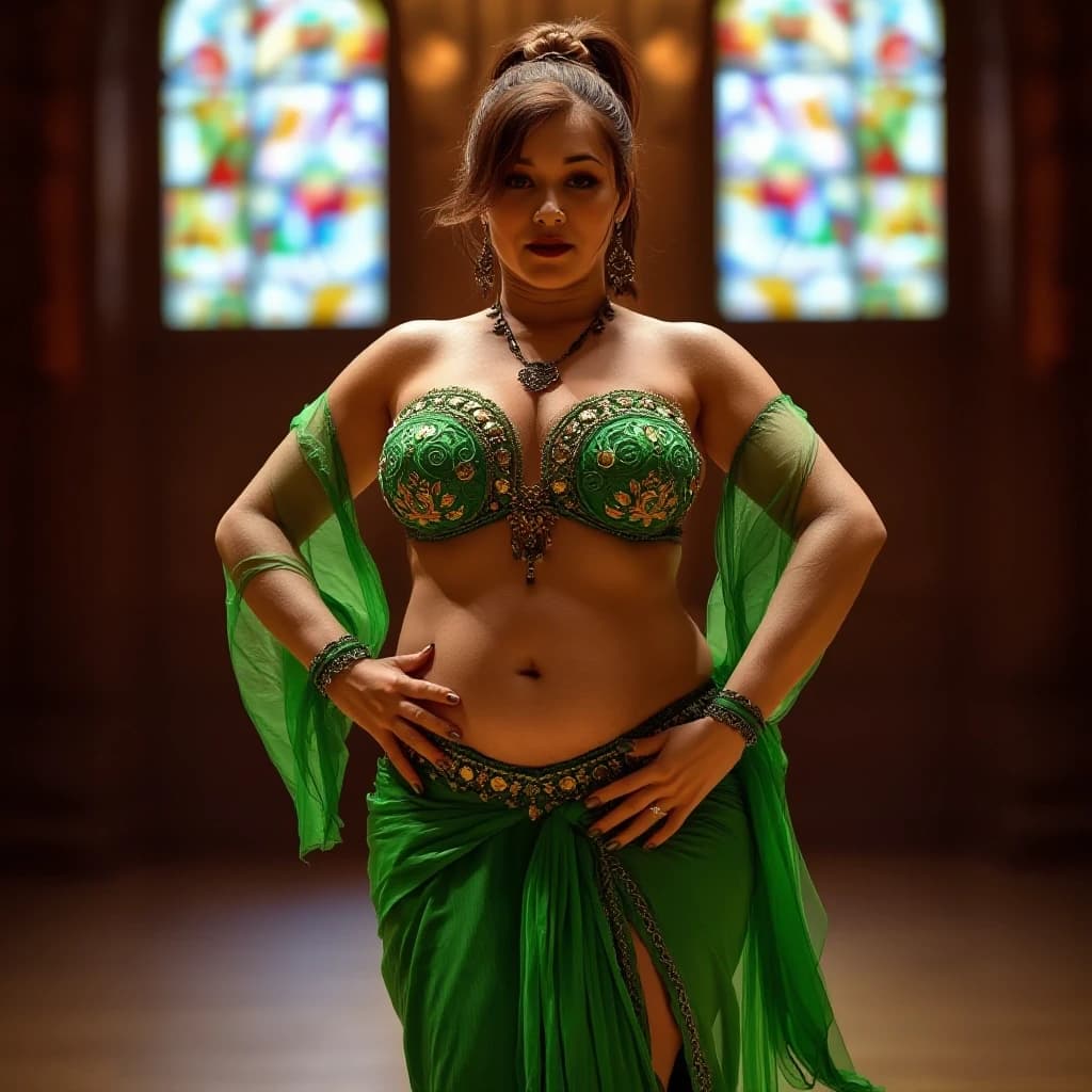 front view chubby belly dancer fifty years woman in green costume brown short ponytail hair stand in hall