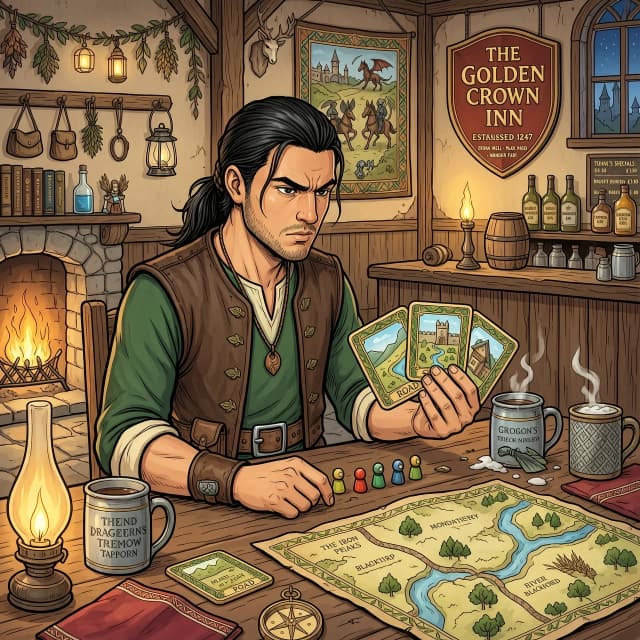 A medieval fantasy comic book illustration. A young man with long dark hair tied back in a ponytail is sitting at a wooden tavern table, looking intensely at board game cards in his hand. Cozy tavern background with wooden mugs and maps on the wall, Carcassonne board game art style, vibrant colors, highly detailed.