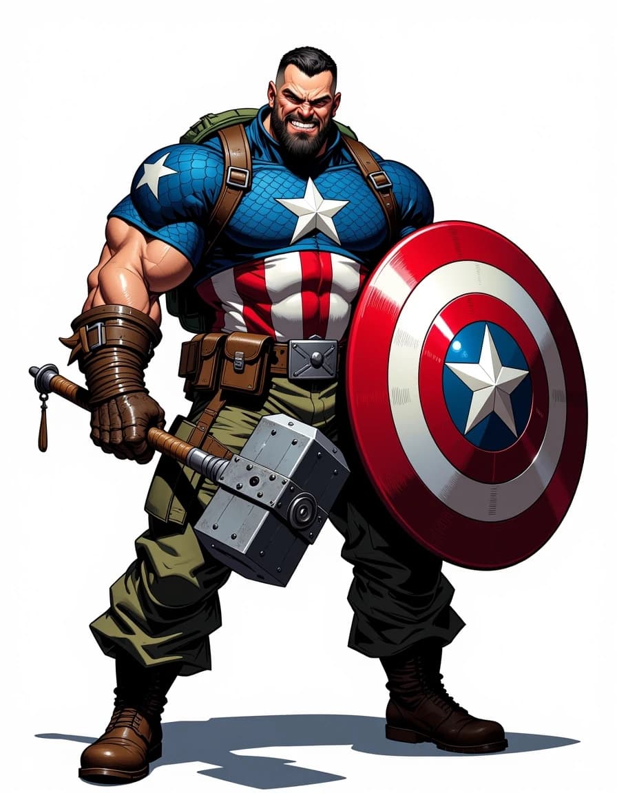 Full-body exaggerated caricature of a muscular patriotic soldier hero standing in a wide power pose, three-quarter front view with a slight low angle, gripping a large ornate war hammer in his right hand and a glossy round star-spangled shield in his left. He wears blue scale-mail with a white star and red-and-white striped torso, olive-green cargo pants, heavy brown combat boots, leather wrist wraps, multiple pouches and belts, and a rolled green backpack. Angry snarl, furrowed brows, exaggerated jawline, short dark hair, intense eyes. Highly detailed digital painting combining crisp comic-caricature linework with painterly rendering, rich saturated colors, strong rim and key lighting, glossy metal highlights on shield and hammer, realistic fabric and leather textures, subtle dirt and battle wear, soft grounded shadow on a clean white background, cinematic contrast, ultra-detailed, polished, dynamic and expressive.