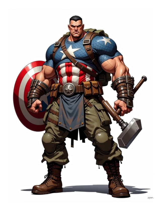 Full-body exaggerated caricature of a muscular patriotic soldier hero standing in a wide power pose, three-quarter front view with a slight low angle, gripping a large ornate war hammer in his right hand and a glossy round star-spangled shield in his left. He wears blue scale-mail with a white star and red-and-white striped torso, olive-green cargo pants, heavy brown combat boots, leather wrist wraps, multiple pouches and belts, and a rolled green backpack. Angry snarl, furrowed brows, exaggerated jawline, short dark hair, intense eyes. Highly detailed digital painting combining crisp comic-caricature linework with painterly rendering, rich saturated colors, strong rim and key lighting, glossy metal highlights on shield and hammer, realistic fabric and leather textures, subtle dirt and battle wear, soft grounded shadow on a clean white background, cinematic contrast, ultra-detailed, polished, dynamic and expressive.