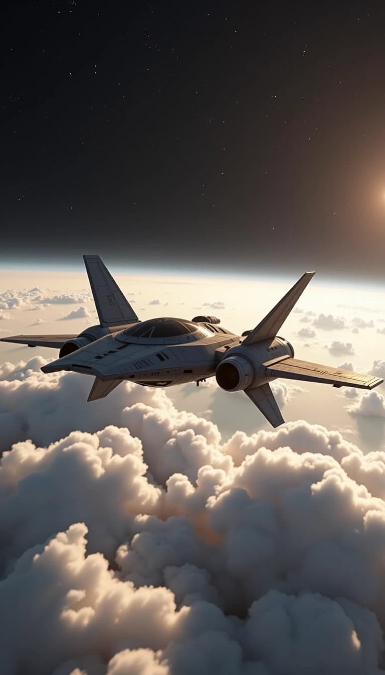 Cinematic sci-fi shot of an aggressive, angular dark grey spaceship hovering in the upper stratosphere. The ship features flat, vertical, weakly glowing pale gray wing plates. Below the ship is a dense, thick layer of volumetric white and gray clouds. Above the ship, the sky transitions into deep black cosmic space, already showing scattered stars and a faint atmospheric glow at the edge. The background contains no planets or large celestial bodies — only a clean transition from clouds to deep space. Dramatic lighting, high definition, photorealistic, cold metallic textures, realistic atmosphere, closely resembling vessels from the game Dark Orbit.