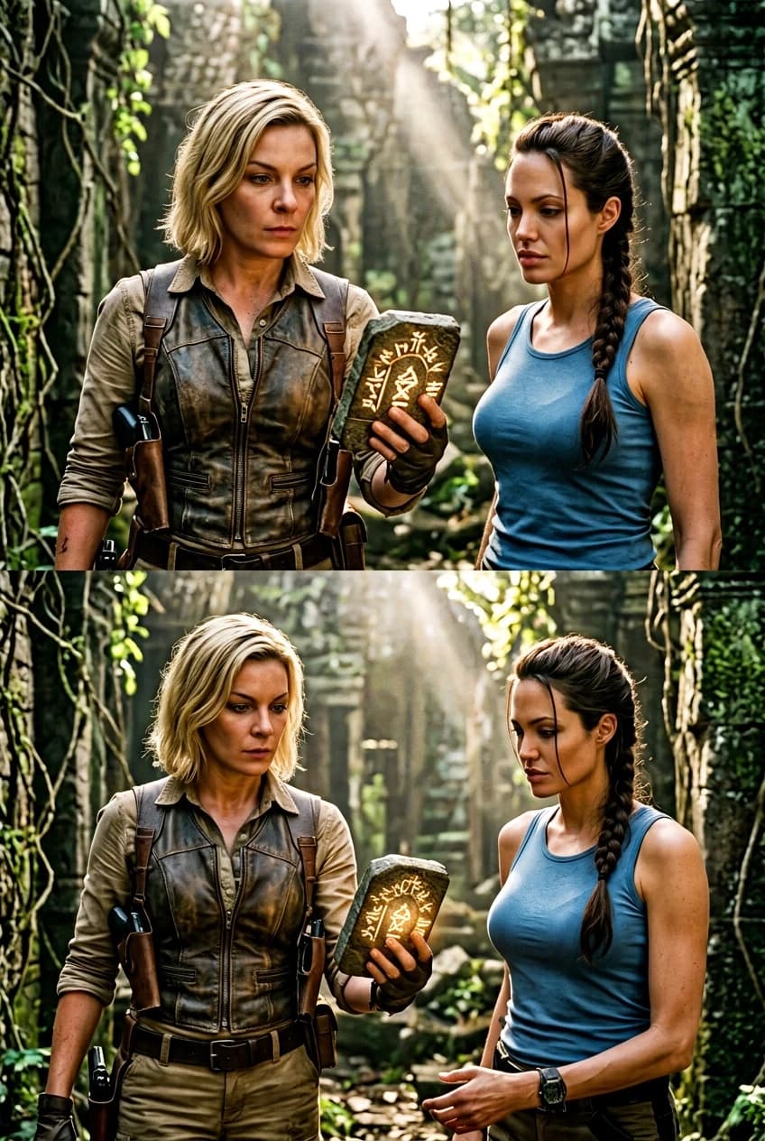 Cinematic film still, hyper-realistic photography. A side-by-side composition featuring a woman and Angelina Jolie as Lara Croft. The woman is dressed as a professional relic hunter in tactical gear, leather holsters, and weathered adventuring clothes, holding a glowing, intricately carved ancient artifact in her hands. They are standing within the ruins of a sun-drenched, overgrown ancient city with crumbling stone temples and creeping vines in the background. The lighting is dramatic natural sunlight filtering through jungle canopy, creating volumetric god rays and realistic shadows. High-end cinematography, shot on 35mm lens, f/2.8, shallow depth of field. Perfect anatomical proportions, matching skin tones, and realistic textures of fabric, skin, and stone. Authentic movie scene aesthetic, highly detailed environment, epic adventure atmosphere, 8k resolution, masterpiece, no compositing artifacts, seamless integration.