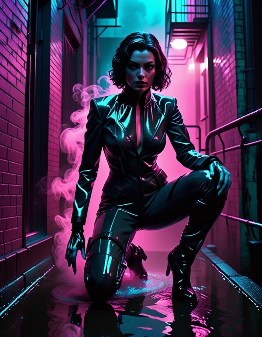 Moody neo-noir cinematic shot. Selina Kyle in a sleek tactical suit crouched on a wet fire escape in a narrow dark alleyway. Soft pink and cyan neon light illuminates her sharp features and glossy suit. Swirling fog, mysterious atmosphere, atmospheric shadows, high detail, comic book movie style.